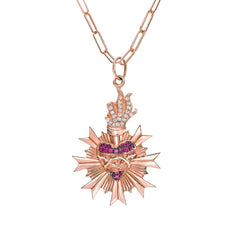 14K Gold Pavé Diamond & Ruby Flaming Sacred Heart Medallion Necklace