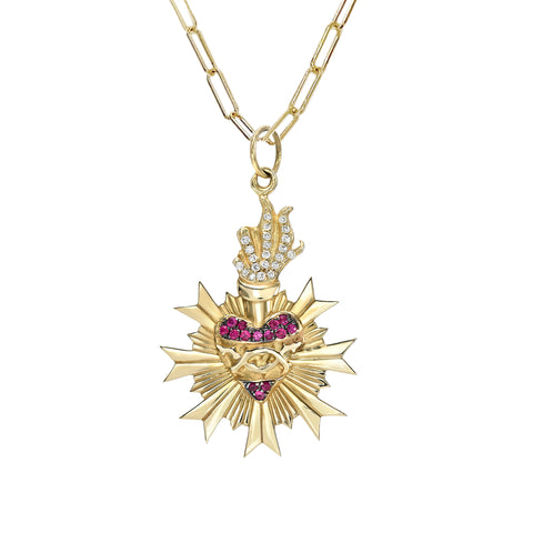 14K Gold Pavé Diamond & Ruby Flaming Sacred Heart Medallion Necklace ~ In Stock!