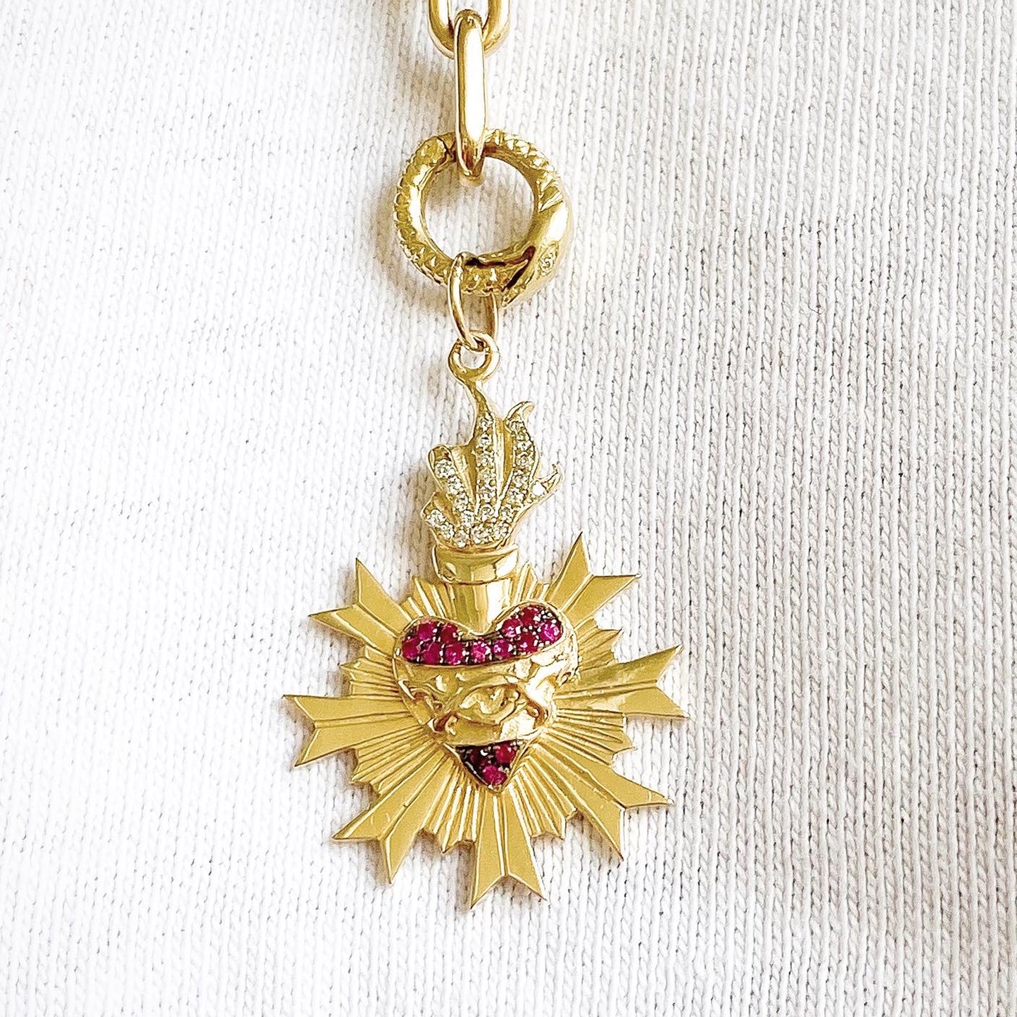 14K Gold Pavé Diamond & Ruby Flaming Sacred Heart Medallion Necklace