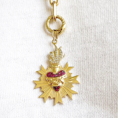 14K Gold Pavé Diamond & Ruby Flaming Sacred Heart Medallion Necklace