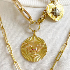 14K Gold Pavé Diamond Starburst Fluted Heart Medallion Necklace, Large Size