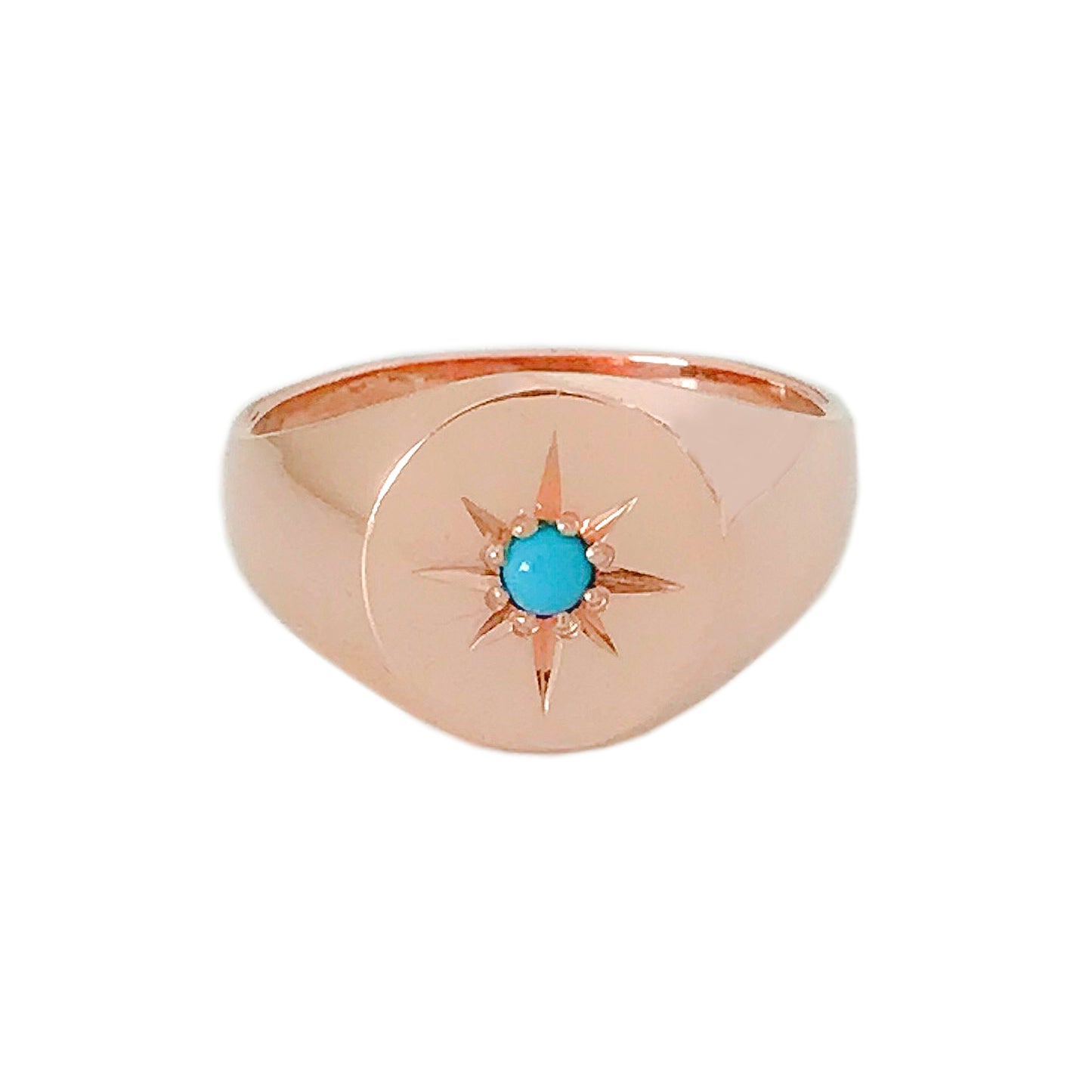 14K Gold Star Set Turquoise Round Signet Ring