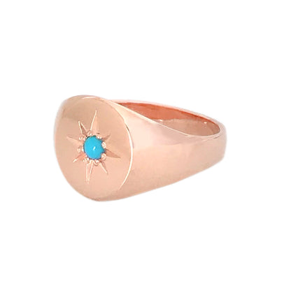 14K Gold Star Set Turquoise Round Signet Ring