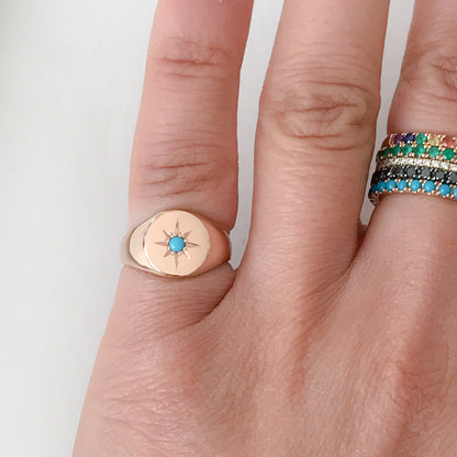 14K Gold Star Set Turquoise Round Signet Ring