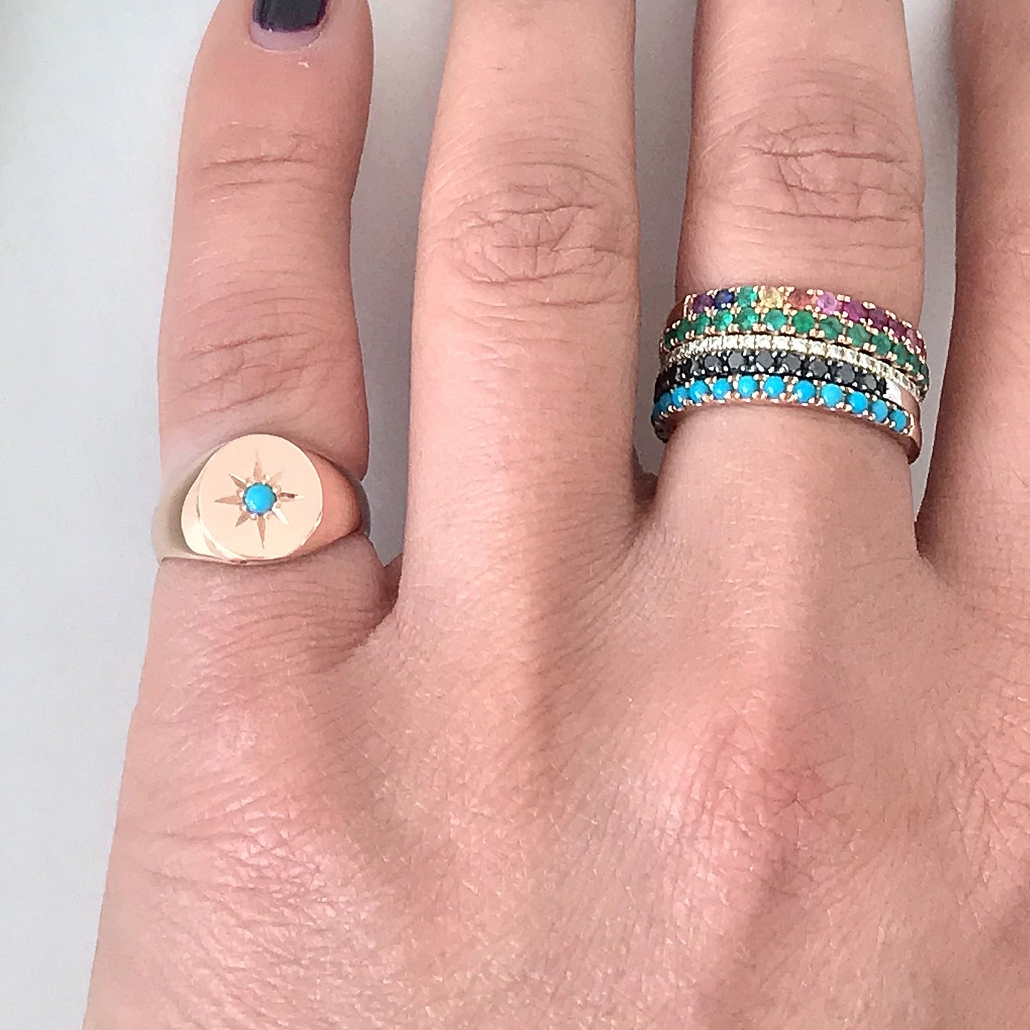 14K Gold Star Set Turquoise Round Signet Ring