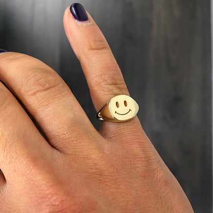 14K Gold Smiley Face Signet Ring