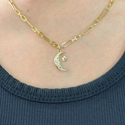 14K Gold Celestial Smiling Crescent Moon Pendant