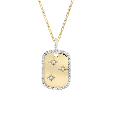 14K Gold Pavé Diamond Starburst Dog Tag Pendant Necklace, Small Size ~ One Of A Kind LIMITED EDITION