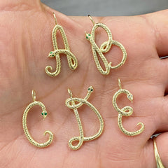 14K Gold Cursive Font Snake Initial Charm Pendant ~ In Stock!