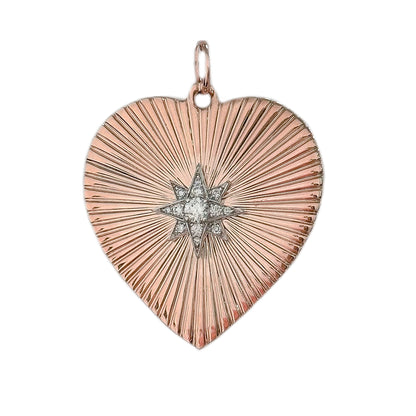 14K Gold Pavé Diamond Starburst Fluted Heart Medallion Pendant, XXL Size