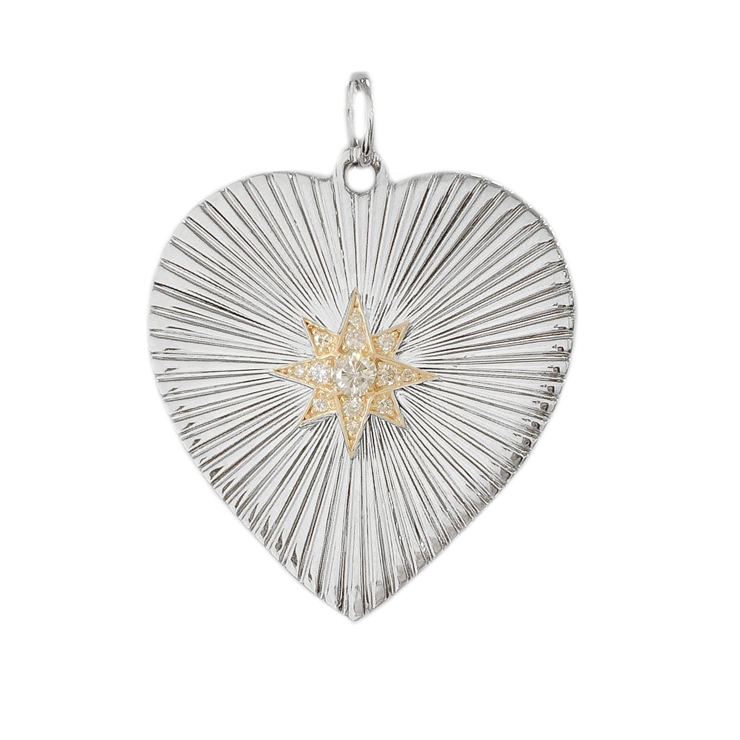 14K Gold Pavé Diamond Starburst Fluted Heart Medallion Pendant, XXL Size