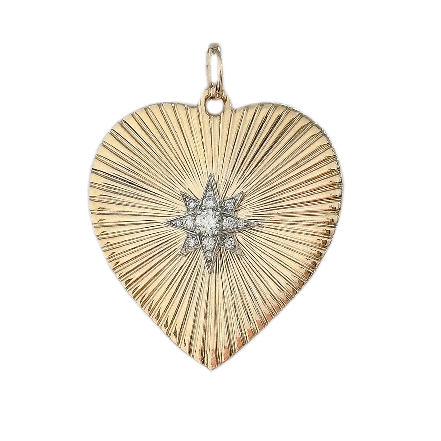 14K Gold Pavé Diamond Starburst Fluted Heart Medallion Pendant, XXL Size