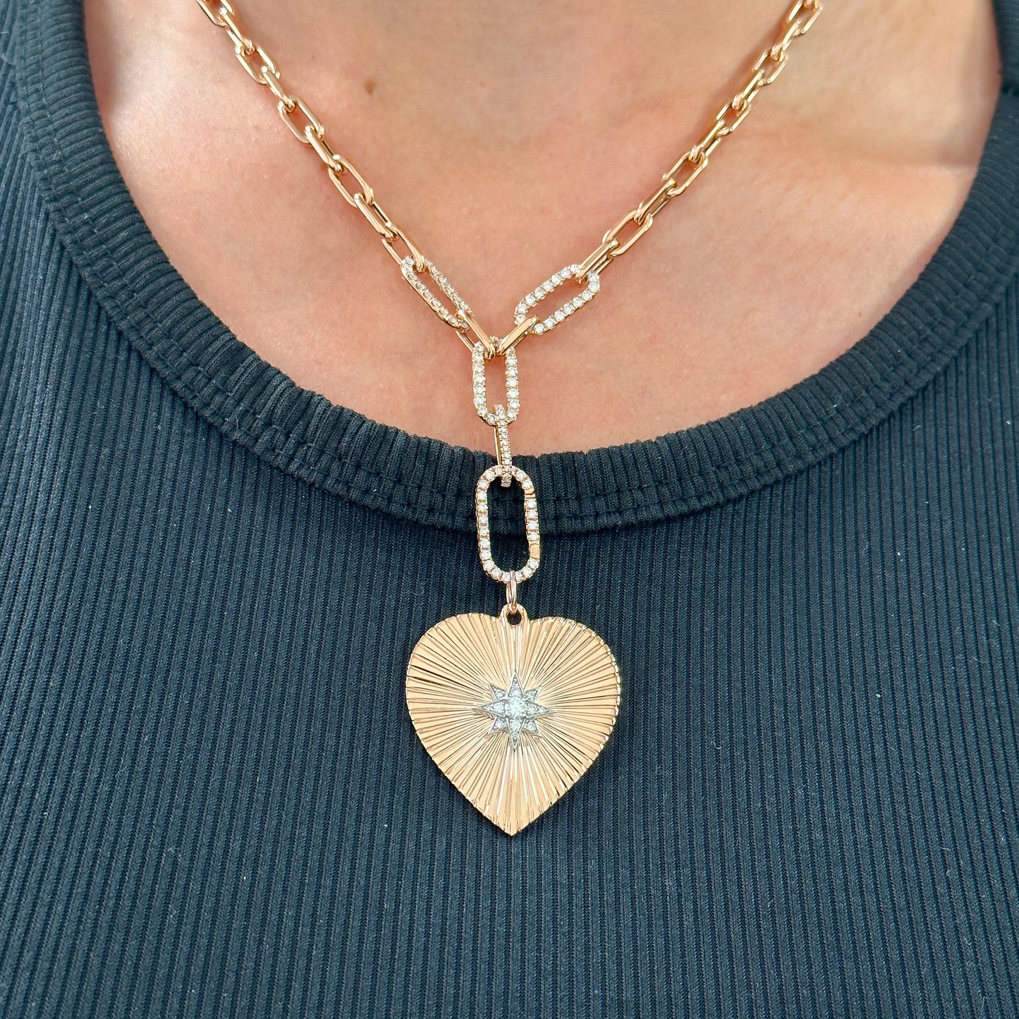 14K Gold Pavé Diamond Starburst Fluted Heart Medallion Pendant, XXL Size