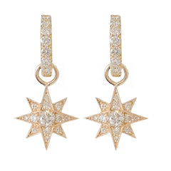 14K Gold Pavé Diamond Starburst Dangle Huggie Hoop Earrings ~ Convertible Large Size Starburst Charm