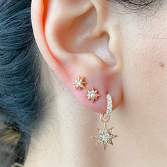 14K Gold Pavé Diamond Starburst Dangle Huggie Hoop Earrings ~ Convertible Large Size Starburst Charm