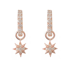 14K Gold Pavé Diamond Starburst Dangle Huggie Hoop Earrings ~ Convertible Small Size Starburst Charm