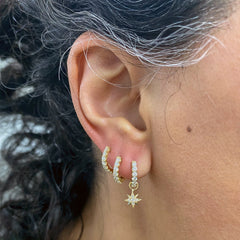 14K Gold Pavé Diamond Starburst Dangle Huggie Hoop Earrings ~ Convertible Small Size Starburst Charm