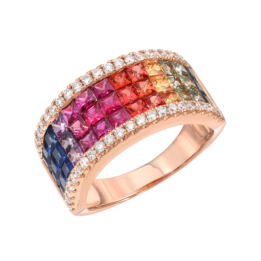 18K Gold Pavé Diamond & Rainbow Princess Cut Half Eternity Band, One Of A Kind LIMITED EDITION