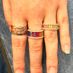 14K Gold Pavé Diamond & Rainbow Baguette Half Eternity Caged Band, One Of A Kind LIMITED EDITION