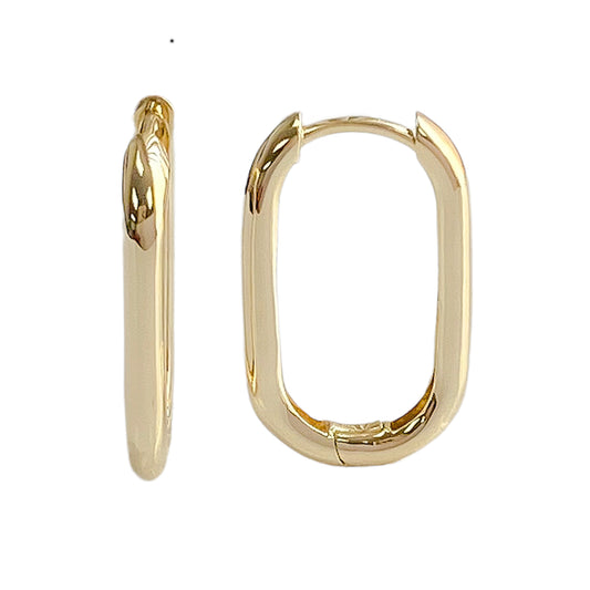 14K Gold Thick Elongated Oval Hoop Earrings