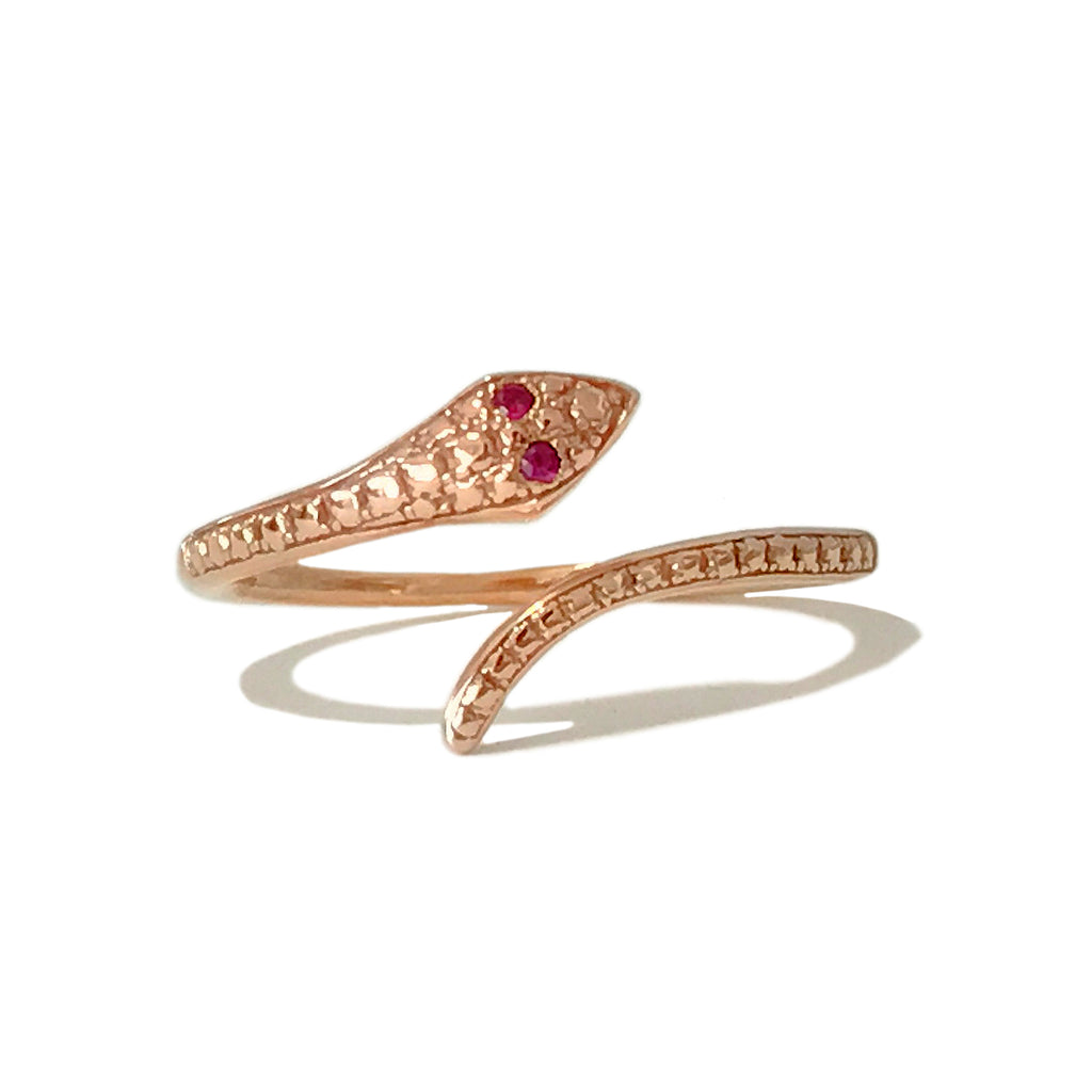14K Gold Thin Snake Wrap Bypass Ring with Ruby Eyes