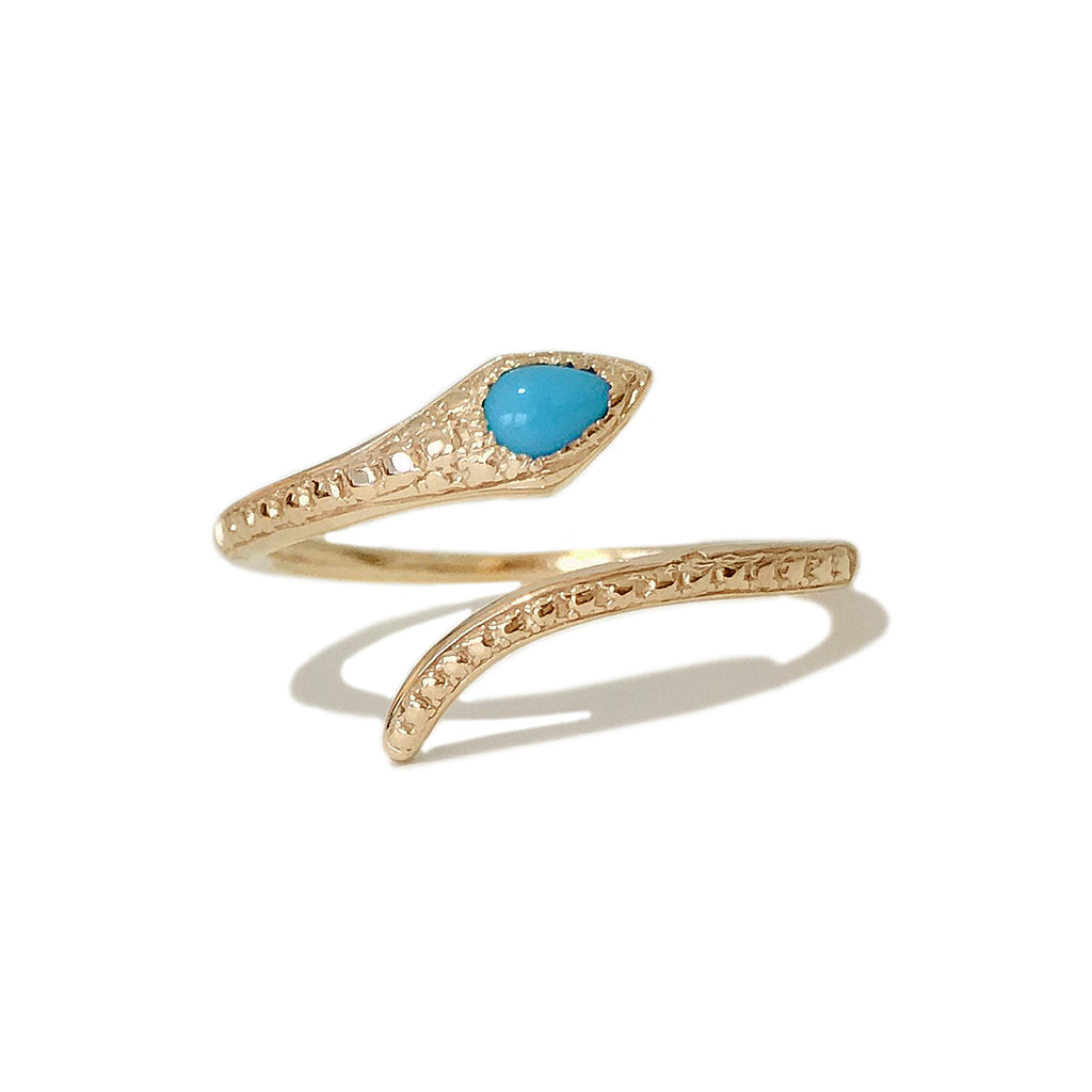 14K Gold Thin Snake Wrap Bypass Ring with Turquoise Cobra Head