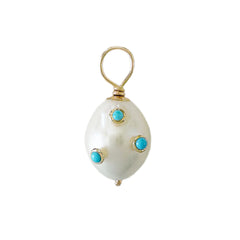 14K Gold Turquoise Studded Baroque Freshwater Cultured Pearl Pendant