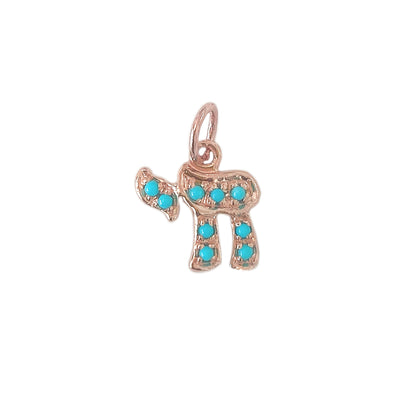 14K Gold Pavé Turquoise Hebrew Chai Charm Pendant