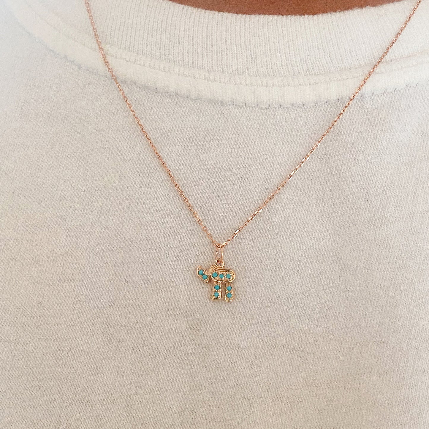 14K Gold Pavé Turquoise Hebrew Chai Charm Pendant