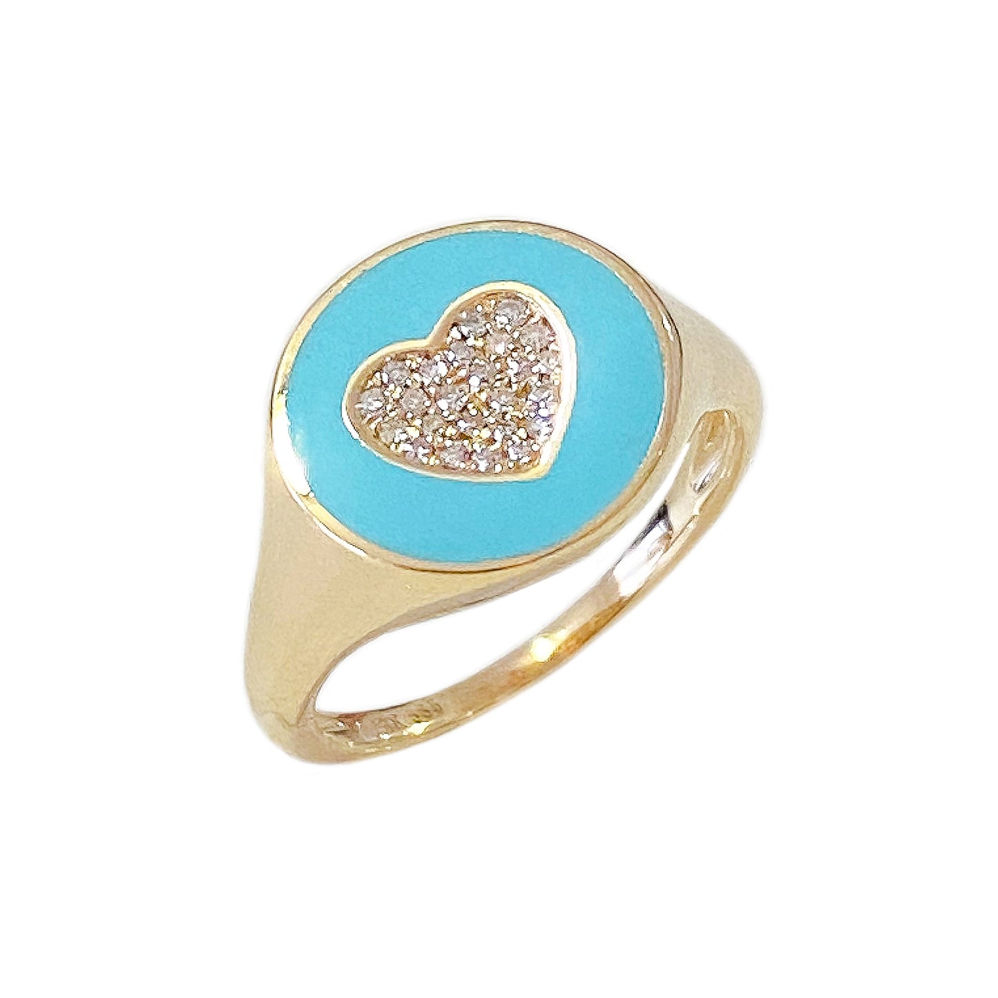 14K Gold Set Pavé Diamond Heart & Turquoise Enamel Signet Ring ~ LIMITED EDITION