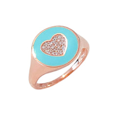 14K Gold Set Pavé Diamond Heart & Turquoise Enamel Signet Ring ~ LIMITED EDITION