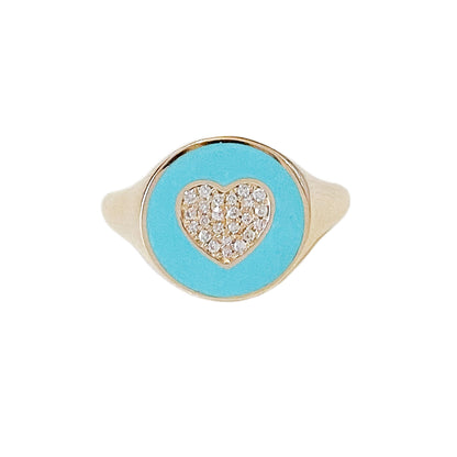 14K Gold Set Pavé Diamond Heart & Turquoise Enamel Signet Ring ~ LIMITED EDITION