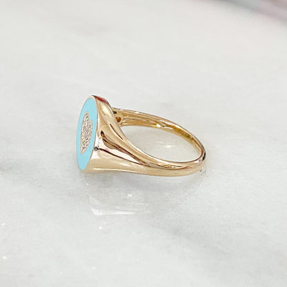 14K Gold Set Pavé Diamond Heart & Turquoise Enamel Signet Ring ~ LIMITED EDITION