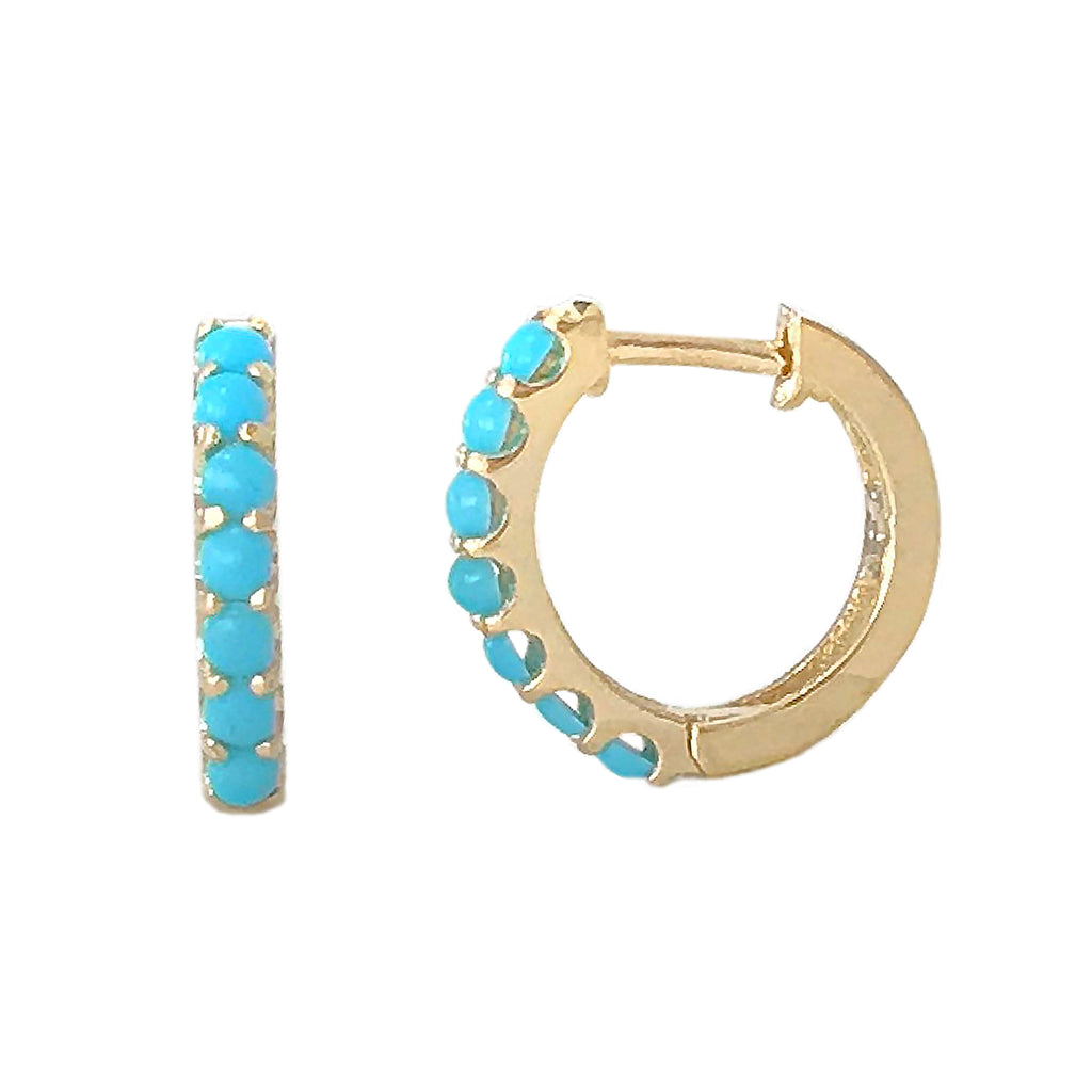 14K Gold Turquoise Cabochon Thick Huggie Hoop Earrings (11.5mm x 8.25mm)