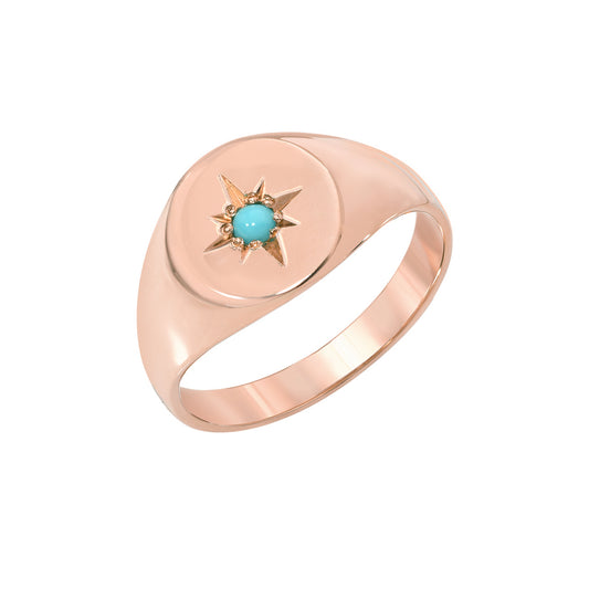 14K Gold Star Set Turquoise Round Signet Ring