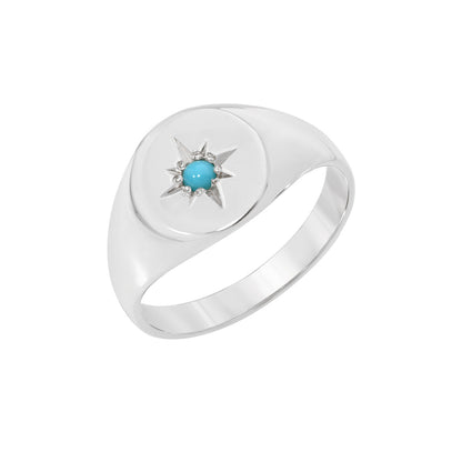 14K Gold Star Set Turquoise Round Signet Ring