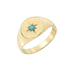 14K Gold Star Set Turquoise Round Signet Ring