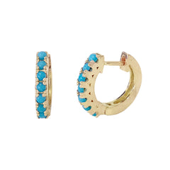 14K Gold Turquoise Cabochon Thick Huggie Hoop Earrings (11mm x 6mm)