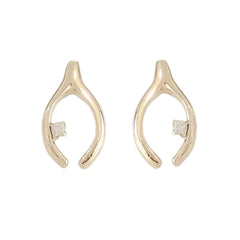 14K Gold Diamond Wishbone Stud Earrings