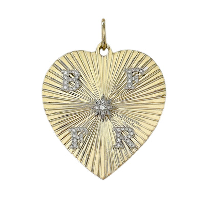 14K Gold Pavé Diamond Four Initial Fluted Heart Medallion Pendant, XXL Size