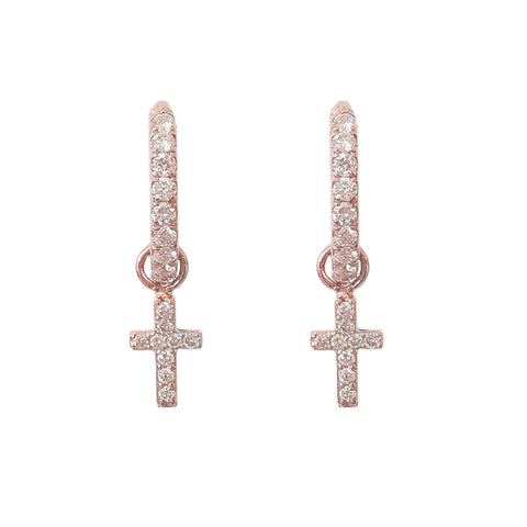 14K Gold Pavé Diamond Cross Dangle Huggie Hoop Earrings ~ Convertible Charm