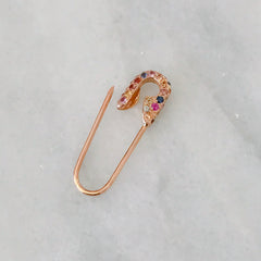 14K Gold Pavé Rainbow Confetti Sapphire Safety Pin Earring