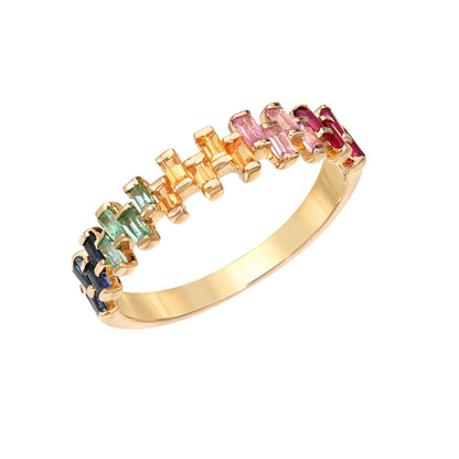 14K Gold Baguette Cut Rainbow Gemstone Half Eternity Band, LIMITED EDITION