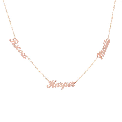 14K Gold Triple Nameplate Charm Necklace ~ Script Font