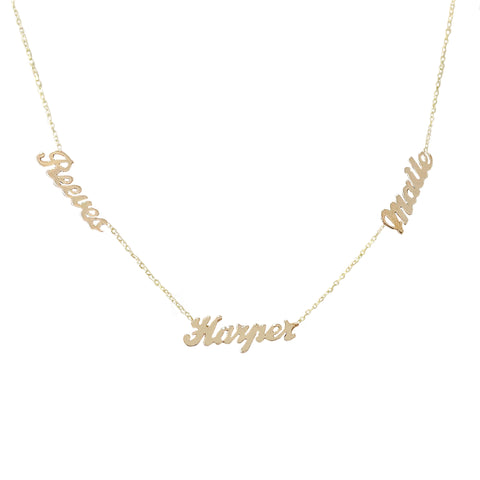 14K Gold Triple Nameplate Charm Pendant Necklace ~ Script Font