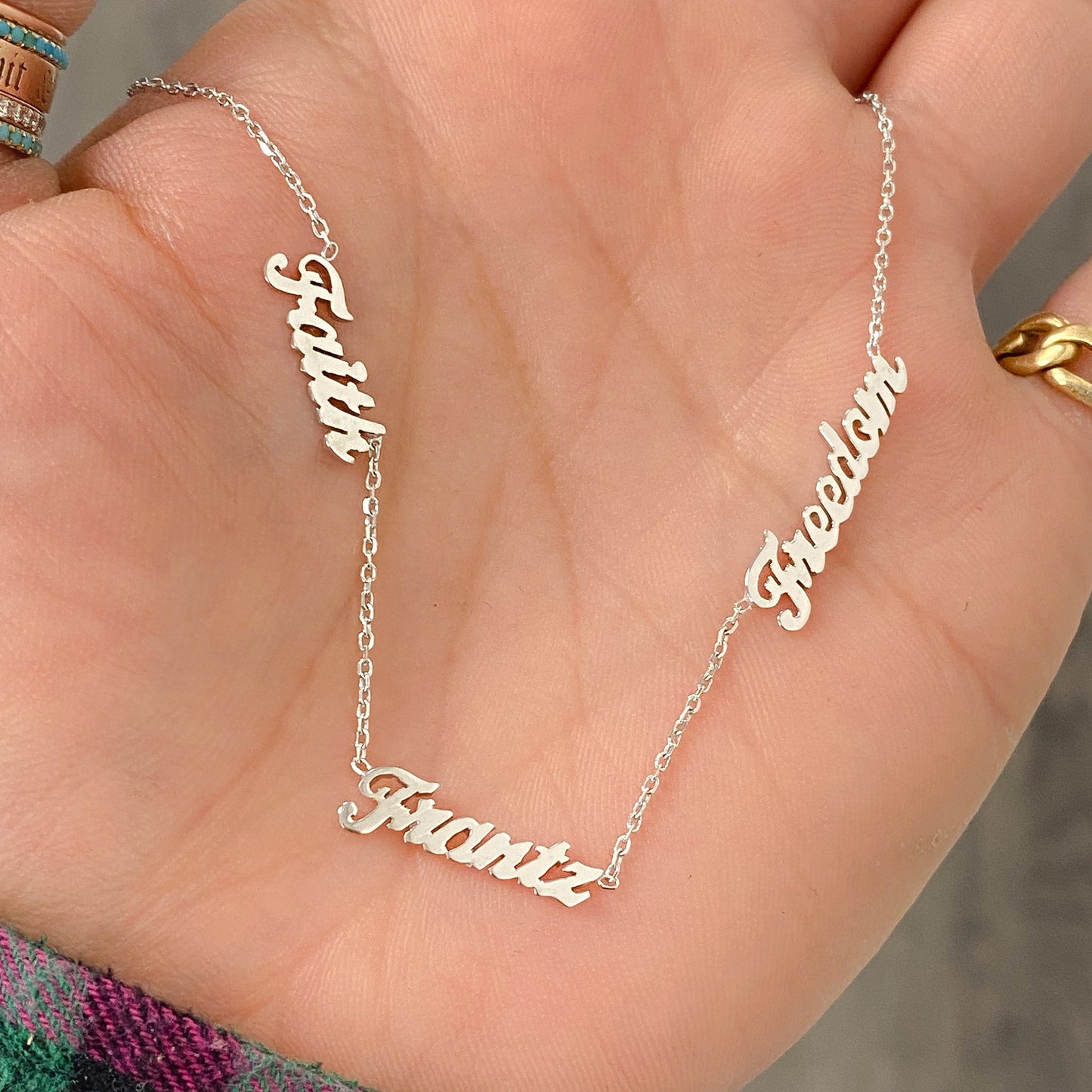 14K Gold Triple Nameplate Charm Necklace ~ Script Font