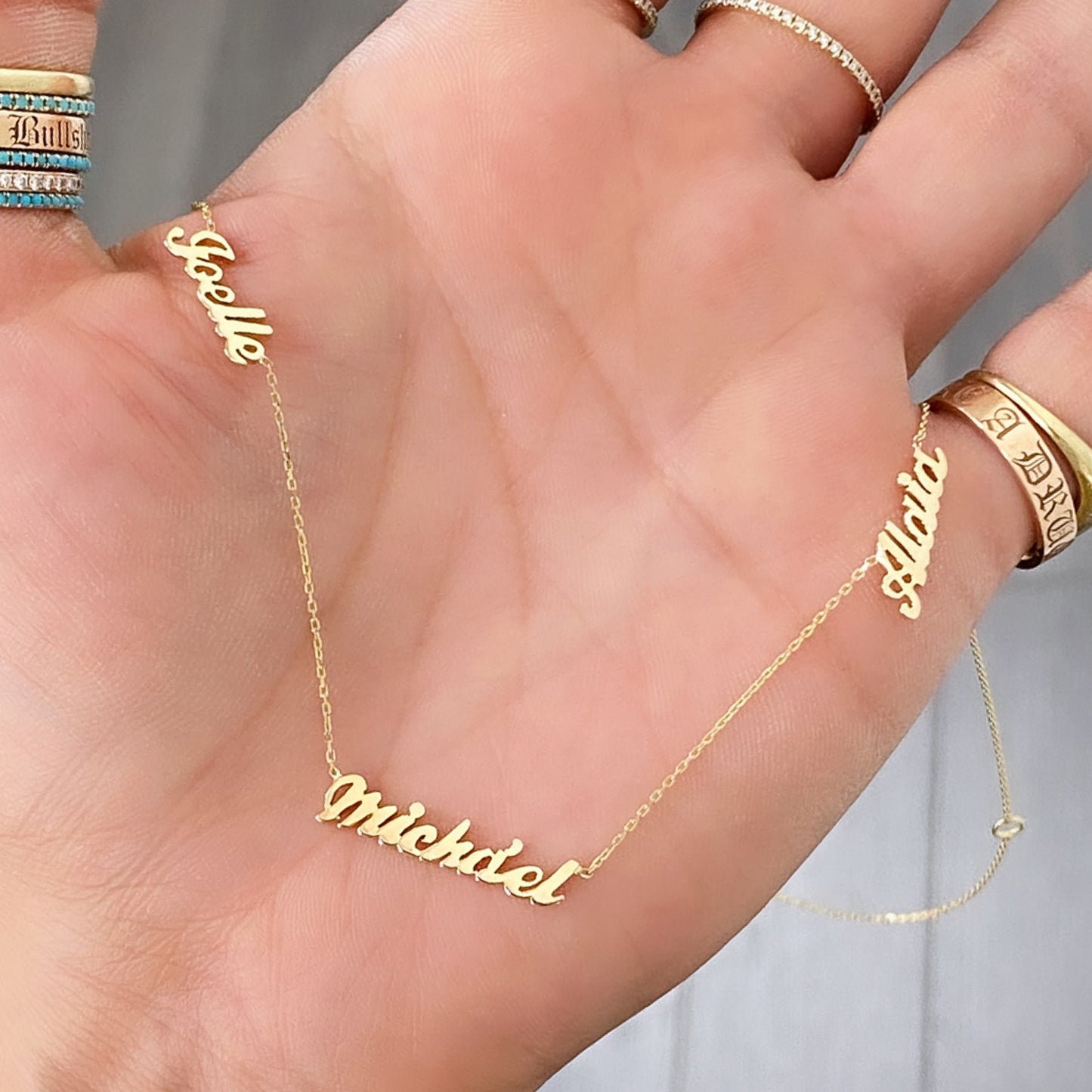 14K Gold Triple Nameplate Charm Necklace ~ Script Font