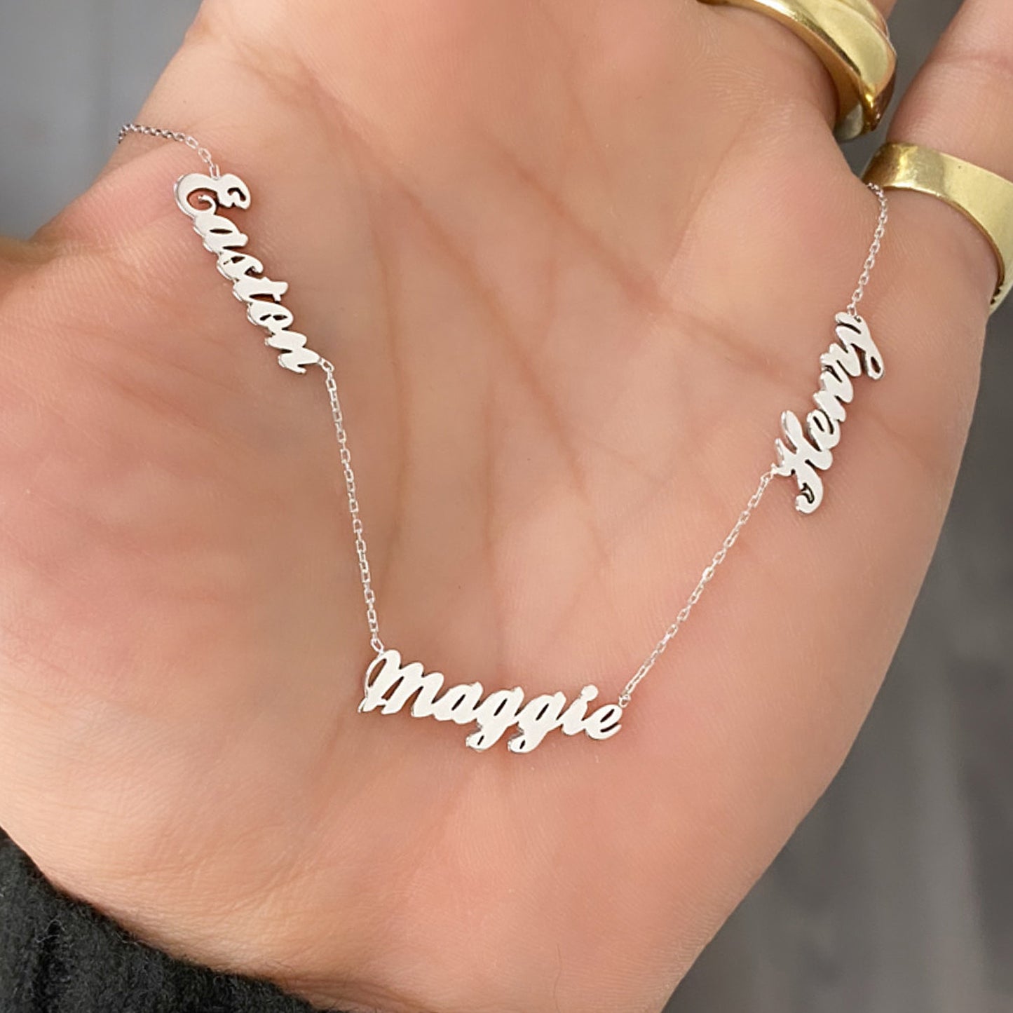 14K Gold Triple Nameplate Charm Necklace ~ Script Font