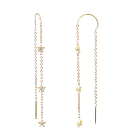 14K Gold Triple Diamond Star Threader Chain Earrings