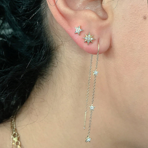 Threader Chain 14K Gold Triple Diamond Star Threader Chain Earrings – Nana Bijou